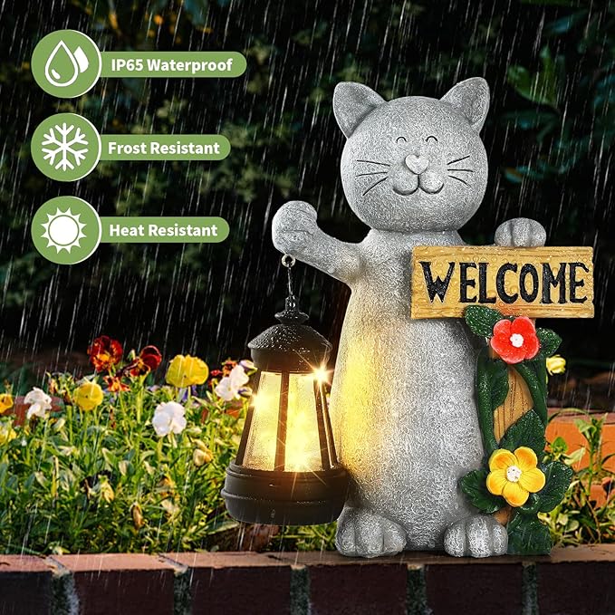 Json Garden Statue Solar Cat Figurine with Lantern, Solar Garden Decorations Statues for Patio, Balcony, Yard Ornament, Unique House Warming Gifts Figurine Lights, Gifts for Women, Mom-Ruum Studio Home