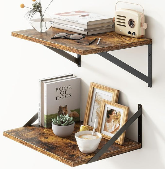 Deep Floating Shelves for Wall, 12 Inch Deep Floating Shelves Set of 2, 16"W x 12"D Wall Shelf, Wide Display Ledges Shelves for Bedroom, Bathroom, 12 Deep Bookshelf Wall Mounted - Rustic Brown-Ruum Studio Home