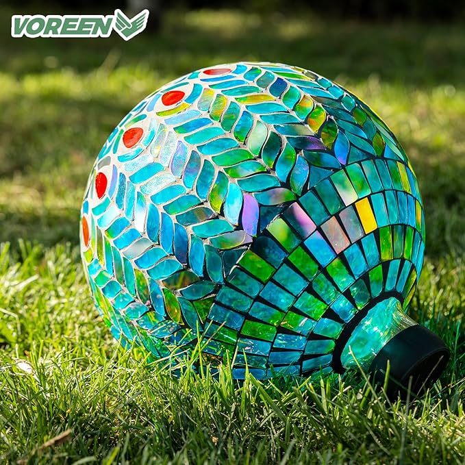 VOREEN Mosaic Glass Gazing Ball Outdoor Gazing Globe, Reflective Ball Yard Decoration for Homes, Patio, Lawn and Gardens, Gift for Mom Wife Friend, 10-Inch, Blue-Ruum Studio Home