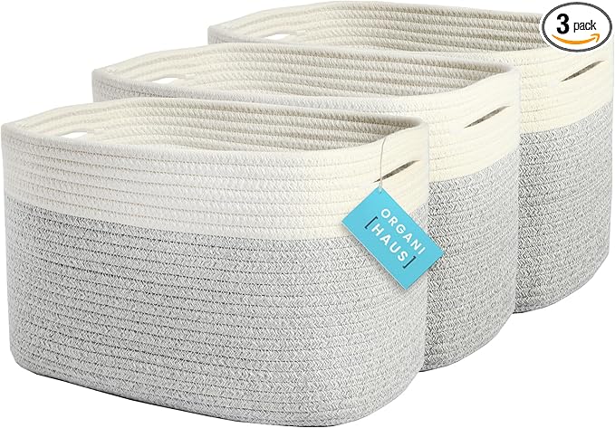 OrganiHaus Set of 3 Woven Storage Baskets for Organizing, Cotton Rope Organizer Bins for Shelves, Closet & Nursery, Dog Toy Basket, Decorative Bins for Toys, Towels & Books - 15x10x9, Grey-Ruum Studio Home