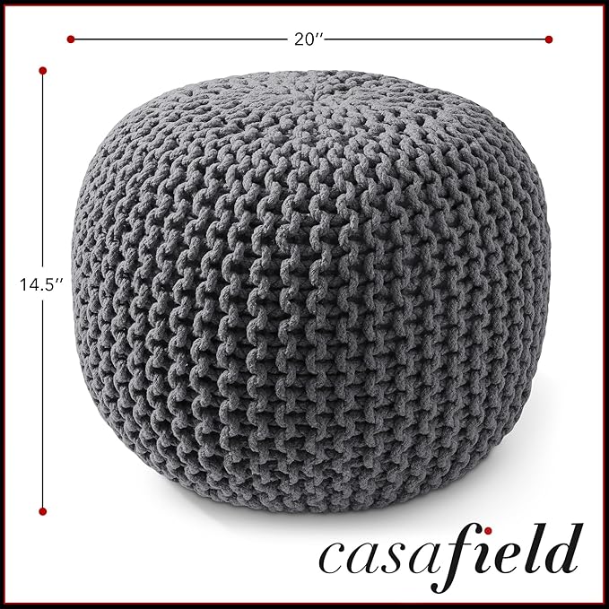 Casafield Round Pouf Ottoman, Dark Gray - 20" Diameter x 14.5" High Cotton Knit Foot Stool - Boho Floor Pouffe for Living Room, Bedroom, Home Office-Ruum Studio Home