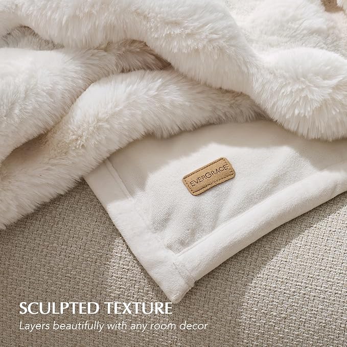 EVERGRACE Ultra Soft Luxury Fluffy Ridgeline Faux Rabbit Fur Throw Blanket, Thick Warm Bubble Throw for Bed, Cozy Plush Reversible Blankets for Couch, Chair, Sofa, Ivory White, 80x90 Inches, 870 GSM-Ruum Studio Home