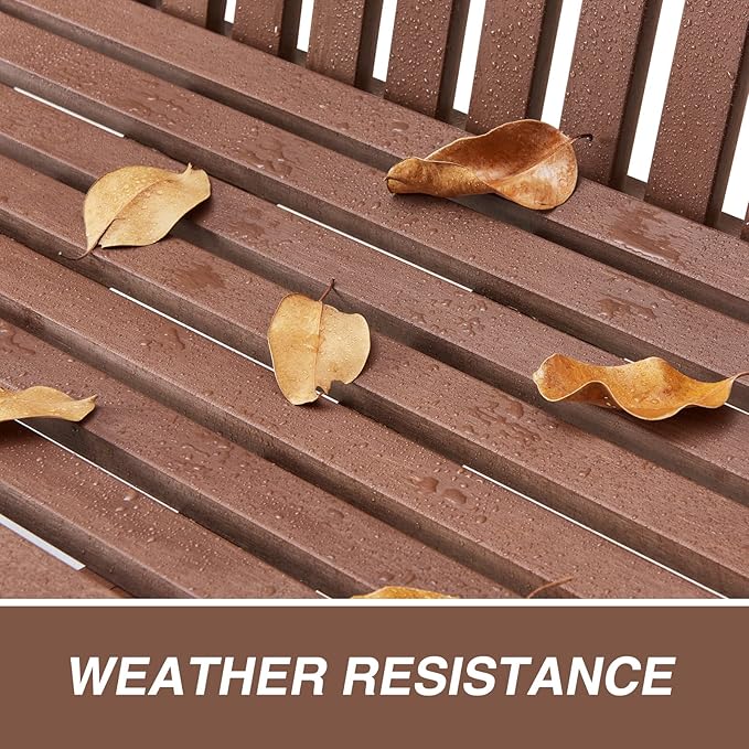 Psilvam Garden Bench, 2-Person Poly Lumber Patio Bench, All-Weather Outdoor Bench That Never Rot and Fade, Suit for Garden, Porch and Park(Brown)-Ruum Studio Home
