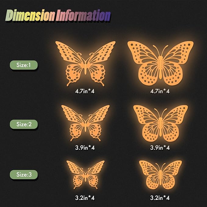 SAOROPEB Glow in The Dark 3D Butterfly 24 Pcs 3 Sizes, Luminous Butterfly Stickers for Ceiling or Wall, Glow in The Dark Party Supplies, Removable Luminous Stickers for Kids Babys Nursery (Orange)-Ruum Studio Home