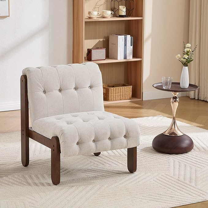 Modern Armless Accent Chair for Living Room, Soft Beige Linen Button Tufted Upholstered Lounge Reading Chair with Walnut Wood Frame-Ruum Studio Home