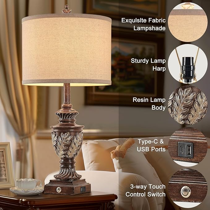 Farmhouse 3-Way Dimmable Touch Table Lamp Set of 2 for Bedroom Living Room with USB A+C Charging Ports 27.75" Tall Rustic Traditional Nightstand Bedside Lamps Brown End Table Lamp (2 Bulbs Included)-Ruum Studio Home