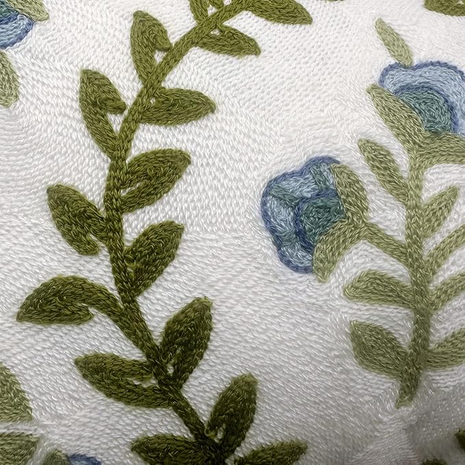 Alysheer Summer Floral Embroidered Decorative Throw Pillow Cover 12"x 20", Farmhouse Blue Flowers Green Leaves Patterned Cotton Canvas Lumbar Cushion Case for Sofa Couch Living Room Cottage Decor-Ruum Studio Home
