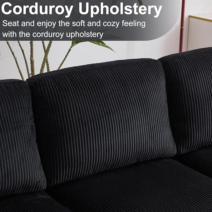 Karl home U-Shape Sectional Sofa Couch 111" Modern 4-Seat Sofa with Chaises Corduroy Fabric Upholstered Covertible Couch with Wood Grain Legs for Living Room, Reception Room, Apartment, Black-Ruum Studio Home