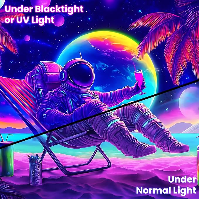 BVBOX Astronaut Space Blacklight Tapestry 79"x59", UV Reactive Astronaut Beach Lounge Chair Vacation Universe Planet Glow in Dark Tapestries, Black Light Neon Upright Poster Wall Hanging Backdrop Decor for Bedroom Living Room-Ruum Studio Home