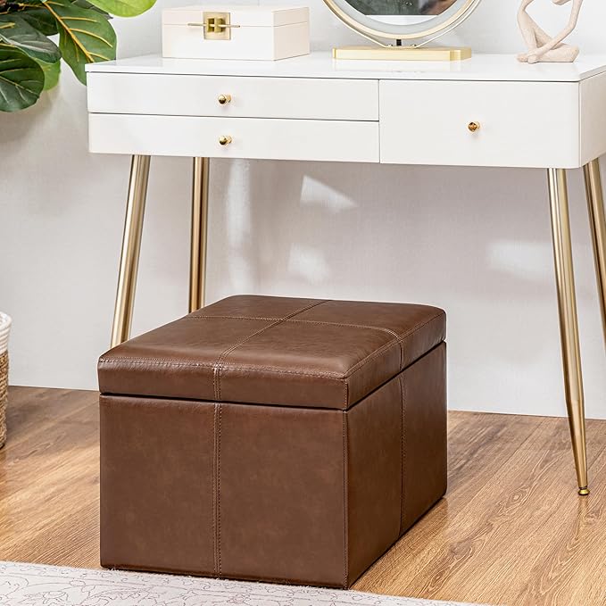 Adeco Storage Ottoman Foot Rest Stool, Leather Ottoman Footstool with Hinged Lid, 17" Small Foot Stool Bench for Living Room, Bedroom-Ruum Studio Home