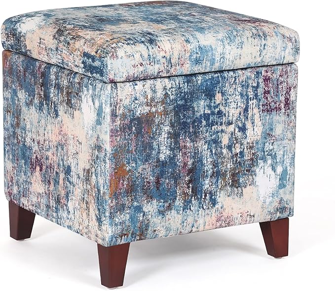 Adeco 18 Inch High Cube Ottoman Storage, Linen Chair Foot Stools, Upholstered Vanity Stool with Hinged Lid, Solid Wood Legs-Ruum Studio Home