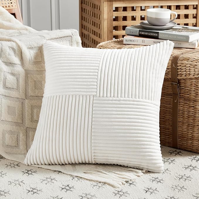 Fancy Homi 2 Packs Cream White Euro Decorative Throw Pillow Covers 26x26 Inch for Couch Bed Sofa, Farmhouse Boho Home Decor, Soft Corss Corduroy Patchwork Textured Square Cushion Case 66x66 cm-Ruum Studio Home