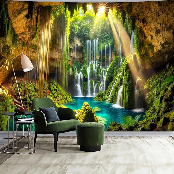 BSFHH Nature Tapestry Forest Tree Sea Cave Wall Hanging, Stream Through Rainforest Landscape Wall Art Tapestry for Bedroom Living room (Cave Waterfall, 110" × 87", Unframed)-Ruum Studio Home