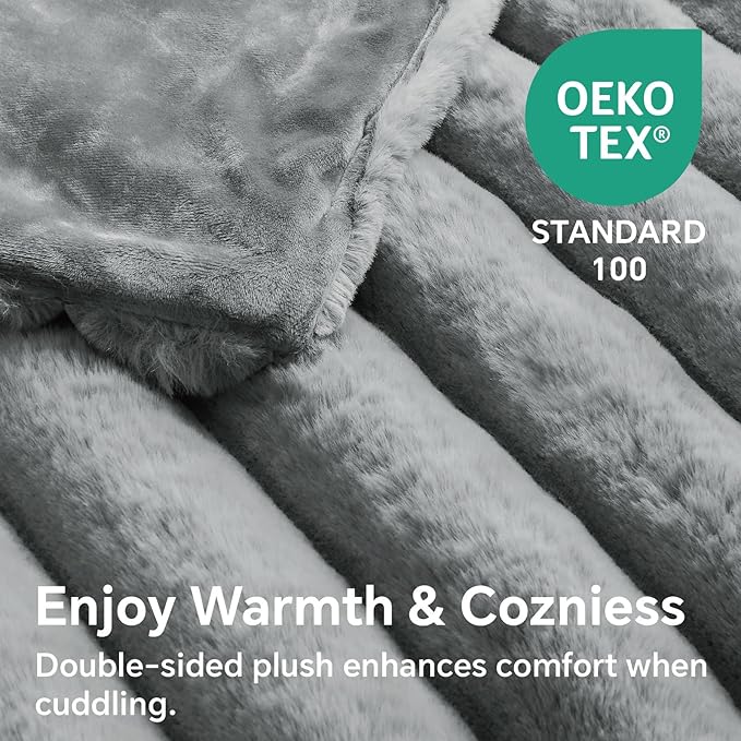 BEDELITE Faux Fur Throw Blanket for Couch, Soft and Cozy Luxurious 3D Striped Fluffy Blanket, 770GSM Thick Warm Plush Fuzzy Faux Rabbit Fur Blanket for Women Gift (Crey, 50"x 60")-Ruum Studio Home