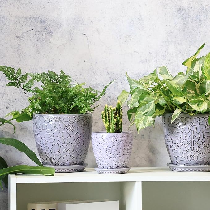 4 Inch Retro Ceramic Planter Set of 4 with Drainage Hole and Saucer for Plants, Indoor-Outdoor Small Garden Pots for Succulent, Herb and Flower (Fits Inner Pots Up to 3 Inch, Retro Purple)-Ruum Studio Home