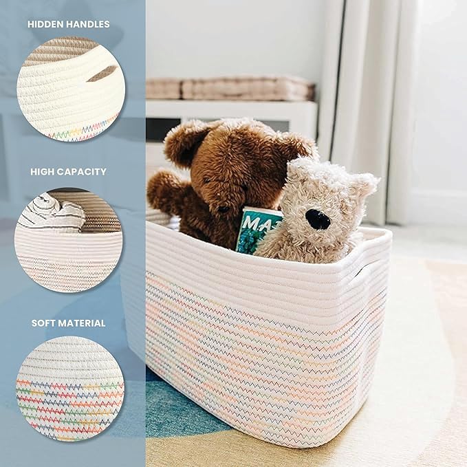 OrganiHaus Set of 3 Woven Storage Baskets for Organizing, Cotton Rope Organizer Bins for Shelves, Closet & Nursery, Dog Toy Basket, Decorative Bins for Toys, Towels & Books - 15x10x9, Rainbow Stitches-Ruum Studio Home