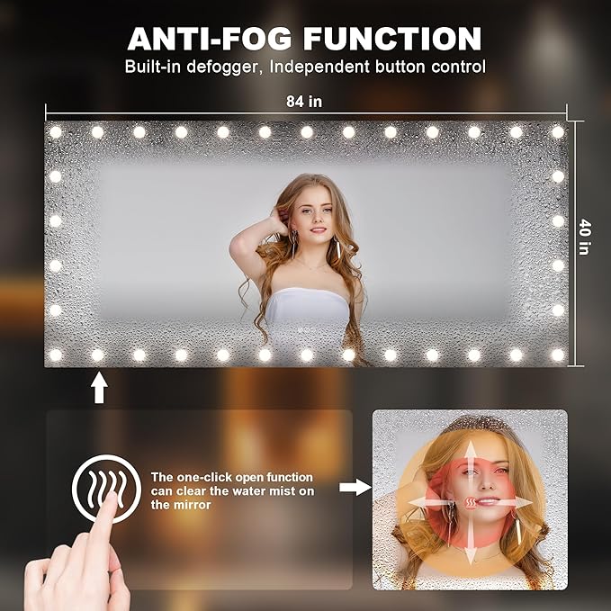 Hasipu LED Bathroom Mirror with Lights, 84" x 40" Hollywood Wall-Mounted Bathroom Mirror with 34 Dimmable Bulbs, 3 Colors Modes, Touch Control, Anti-Fog, Memory Function, Shatter-Proof, ETL Listed-Ruum Studio Home