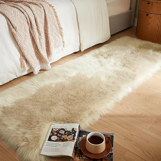 AMTOVO Faux Fur Rug, Beige Ultra Soft Fluffy Shag Sheepskin Rug, 2 x 6 ft Runner Area Rugs for Bedroom Sofa Throw Cushion Room Decor, Rectangle-Ruum Studio Home