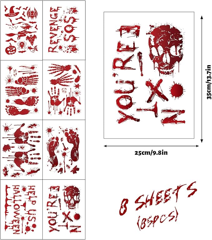 8 Sheets Halloween Window Clings, Bloody Handprint Footprint Window Stickers Scary Halloween Decorations Self Adhesive Wall Decal for Party Bathroom Car Door Zombi Restroom Sign Decals-85 Pcs-Ruum Studio Home