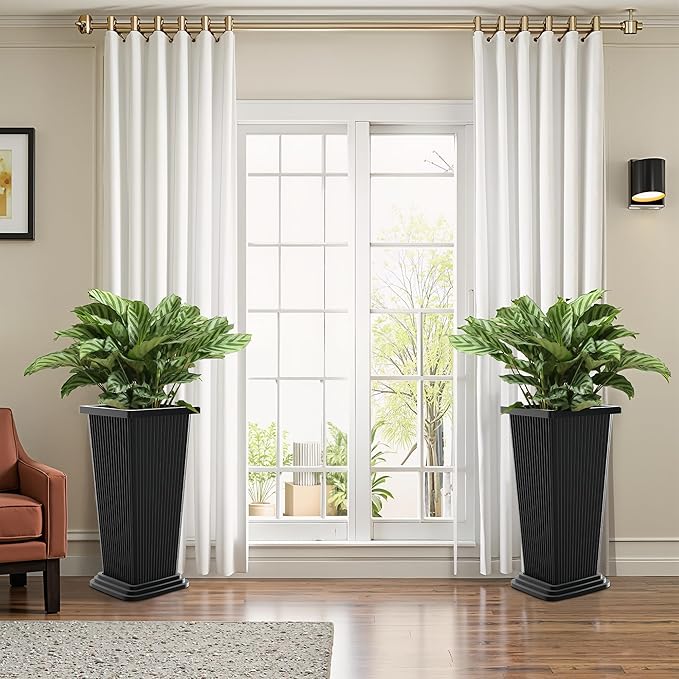 FENCY Set of 2 Tall Planters for Outdoor Plants, 24 Inch Large Tapered Pots with Drainage Trays, Weather-Resistant Plastic Plant Containers for Patio, Porch, Garden, Front Door Decor,Black,Striped-Ruum Studio Home