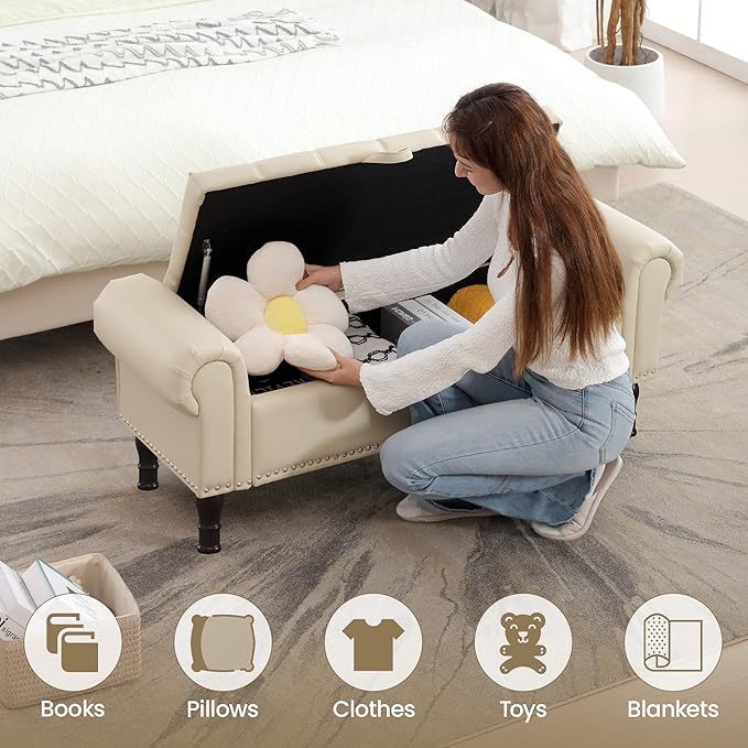 51" Storage Ottoman Bench for Bedroom, Full Queen Storage Bench with Button, Upholstered Bedroom Bench with Rolled Arms for Living Room, Storage Room, Entryway, Beige+Brown Legs-Ruum Studio Home