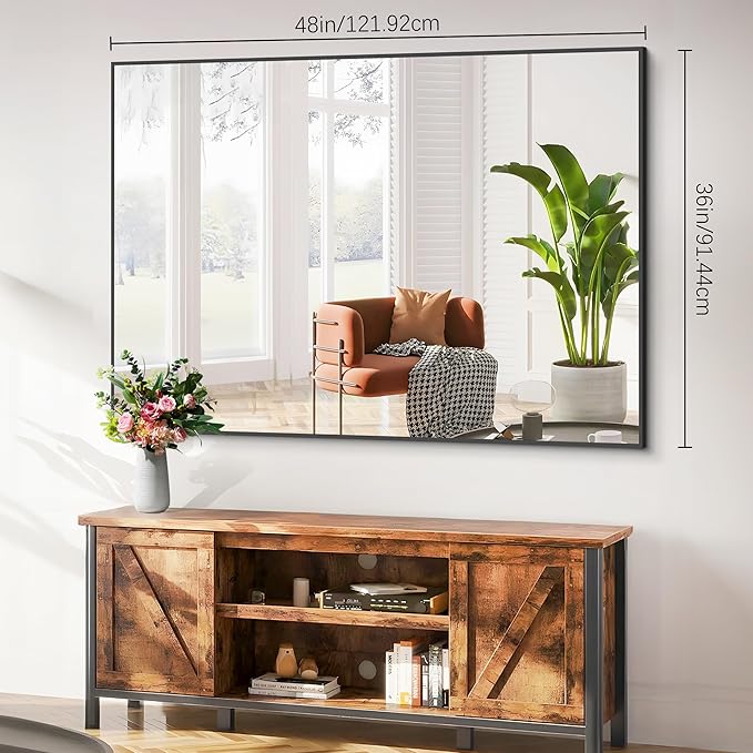 Black Bathroom Mirror, 48"X36" Rectangle Mirrors for Wall Metal Frame, Modern Vanity Wall Mirror for Bathroom Living Room, Entryway Hangs Horizontal or Vertical-Ruum Studio Home