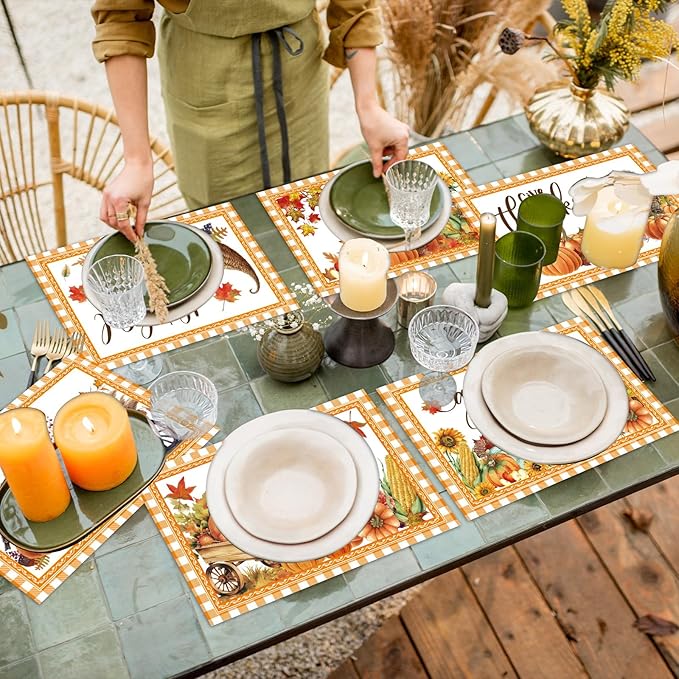 Thanksgiving Placemats Set of 6 Thanksgiving Day Plastic Table Mats Welcome Fall Place Mats Washable Vinyl Rustic Holiday Table Decoration for Indoor Outdoor Autumn Party Kitchen Dining-Ruum Studio Home