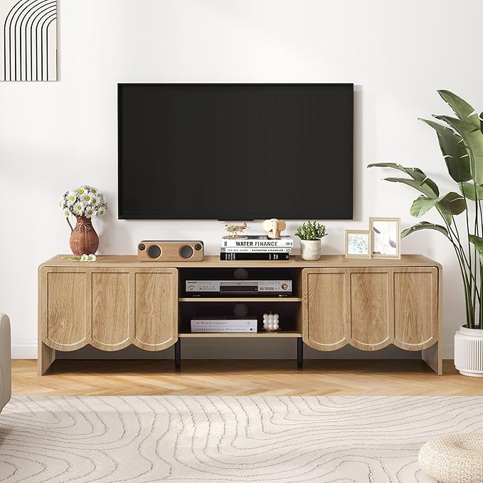ORRD 63'' TV Stand, Modern TV Console Table Wave Panel Television Stands Entertainment Media Center with Storage Compartment and Sliding Door for Living Room (Natural)-Ruum Studio Home
