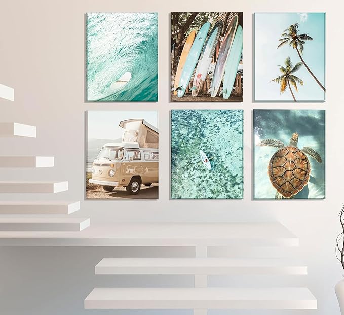 Set of 6 Tropical Beach Canvas Wall Art Surf Poster Summer Ocean Coastal Pictures Turtle Print Palm Tree Surfboard Gallery Paintings Nautical Bus Wall Decor for Bedroom Bathroom Framed-Ruum Studio Home