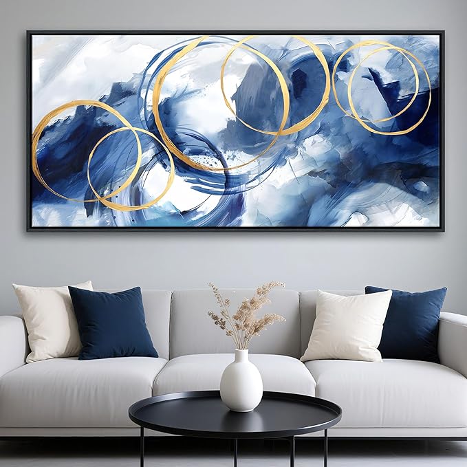 Framed Abstract Wall Art Blue Modern Art Wall Decor Artwork For Living Room Huge Wall Canvas Office Pictures For Navy Gold Modern Decorations For Bedroom Size 24x48in-Ruum Studio Home