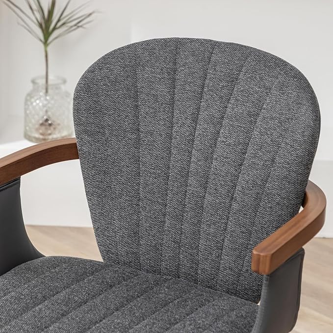 LUNLING Swivel Dining Chairs, Mid Century Modern Gray Fabric+Faux Leather Kitchen Chairs with Arms,Bamboo Legs Side Chairs No Wheels,Accent Chair for Dining Rooms and Offices(Gray Fabric,1PCS)-Ruum Studio Home
