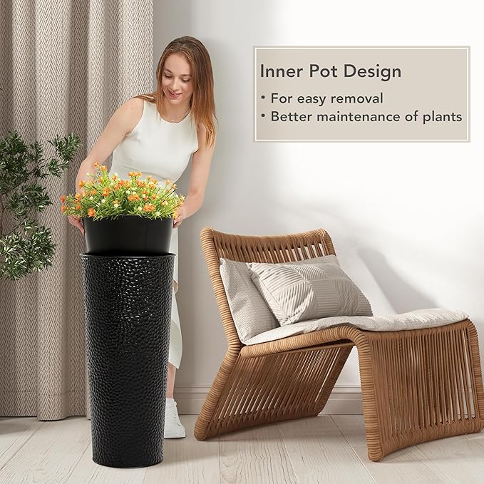 KOL 28" H. Tall Metal Cone Planters with Inside Pots 2-Pack, Black Hand-Hammered Large Decor Planter for Deck, Patio, Porch - Handcrafted Flower Pot - with Water Level Indicator - Indoor Outdoor Use-Ruum Studio Home