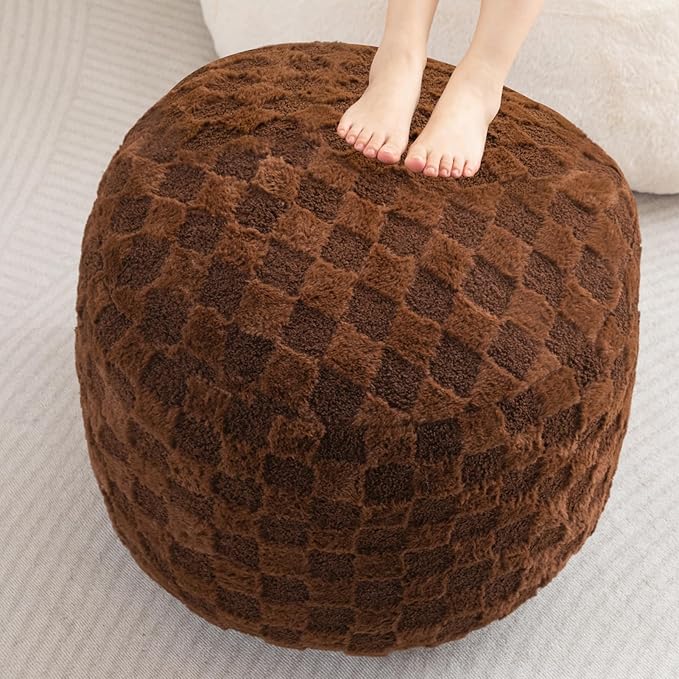 HIGOGOGO Round Stuffed Pouf Ottoman, Plaid Poufs with Foam Chunk Filling, Fluffy and Furry Pouf Foot Stool Storage Ottoman, 26 X 18 Floor Poufs Foot Rest for Living Room, Coffee-Ruum Studio Home