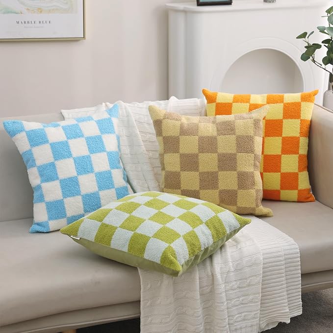 Alysheer Checkered Embroidered Decorative Throw Pillow Covers 18"x 18" Set of 2, Classic Accent Designer Blue White Plaid Patterned Cotton Cushion Cases for Sofa Couch Bed Living Room Outdoor Decor-Ruum Studio Home