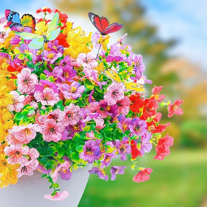 ‌20 Bundles Artificial Flowers for Outdoors‌ with 6 Faux Butterflies, UV Resistant ‌Fake Flowers‌ with Eucalyptus Leaves, ‌Artificial Plants Outdoor‌ for Patio Garden Porch Home Decor (Mix 4 Colors)-Ruum Studio Home