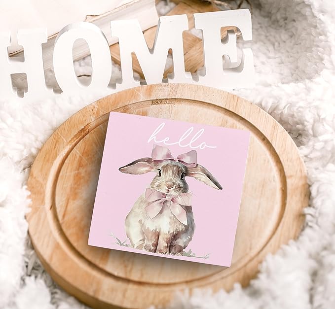 SRADMO Pink Coquette Bow Hello Bunny Wood Box Sign Desk Decor, Bunny Decorations, Easter Theme Wooden Block Box Sign Decoration for Home Office Shelf Table Decor-Ruum Studio Home