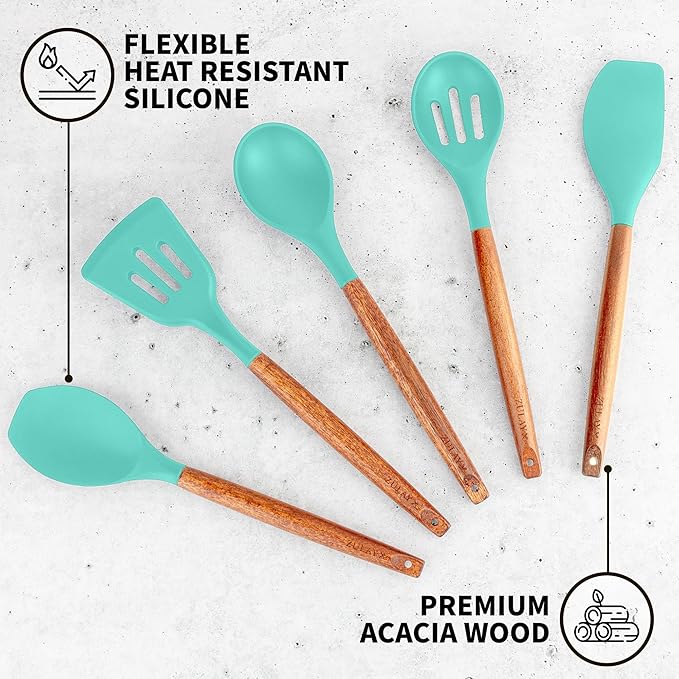 Zulay Kitchen Non-Stick Cooking Utensils Set with Authentic Acacia Wood Handles – 5-Piece Durable & Stylish Silicone Kitchen Utensils Set – Heat Resistant to 464°F – Mint-Ruum Studio Home