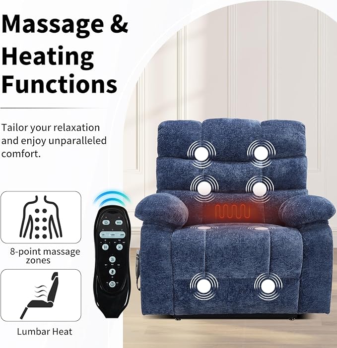 Lay Flat Recliner with Vibration Massage and Lumbar Heating, 26'' Wide Recliner Chair with Infinite Position and 2 Remote Controls, Soft Chenille Lift Recliner for Living Room, Blue-Ruum Studio Home