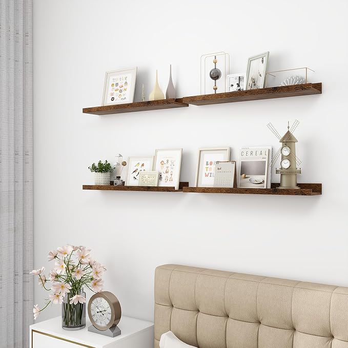Picture Ledge Shelf, Wood Floating Shelves Set of 4, 24 inch Picture Ledge Shelves, Photo Ledge Nursery Book Shelves Wall Mounted for Living Room Kids' Room Bedroom, Color Brown-Ruum Studio Home