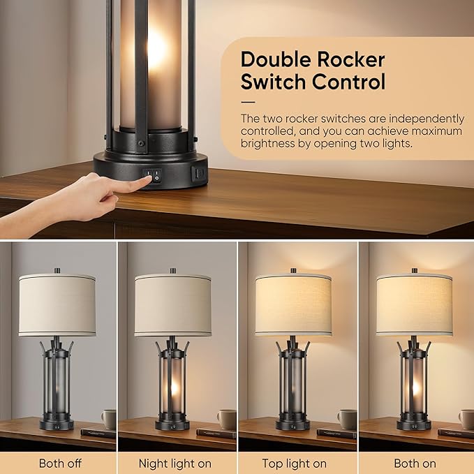QiMH Farmhouse Table Lamps for Living Room, Beside Lamps for Bedroom with USB A+C Charging Ports, Rustic Nightstand Lamp Set of 2 with Frosted Glass Night Light, 4 Bulbs Included (Black)-Ruum Studio Home