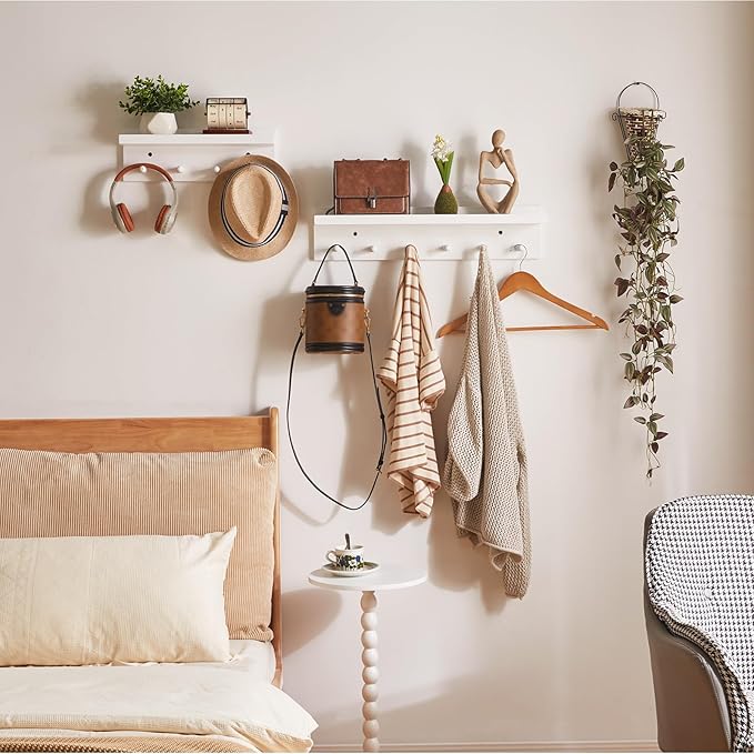 Wood Coat Hook with Wall-Mounted Shelf,15.75in Entryway Wall Hanging Shelf,for Bathroom, Kitchen,Coat Towel Key Organizer White YD-WS0240W-Ruum Studio Home