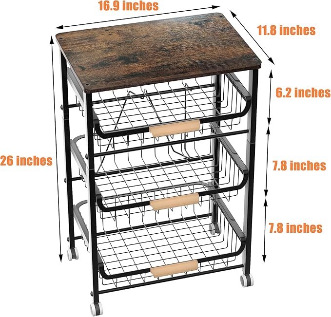 4-Layer Fruit Basket Kitchen Food Organizer and Rack, Stackable Storage Cart with Desktop, Pull-Out Hollow Metal Basket, Sliding Out Storage (Black 4-Layer Rack)-Ruum Studio Home