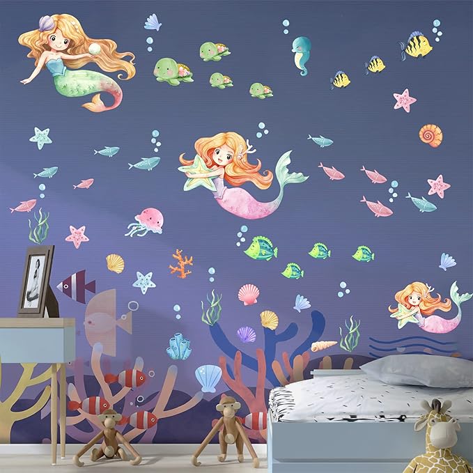 Glow in The Dark Stars Mermaid Wall Decals, Turtle Ocean Fish Stickers for Ceiling, DIY Wall Decor for Nursery Playroom Living Room, Birthday Christmas Gift-Ruum Studio Home
