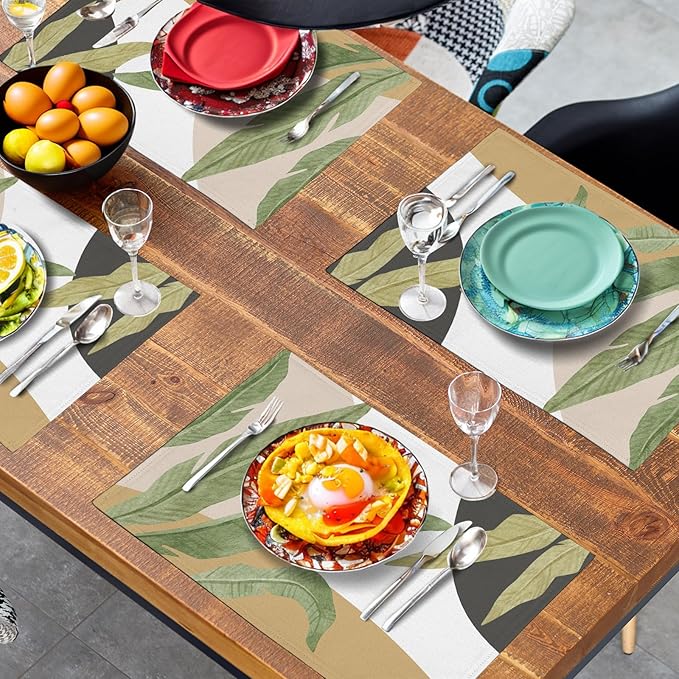 Tropical Palm Leaf Linen Placemats Set of 4 Summer Green Banana Leaves Themed Kitchen Place Mats Washable Non-Slip Heat Resistant Fabric Dining Table Placemats 12x18 Inch-Ruum Studio Home