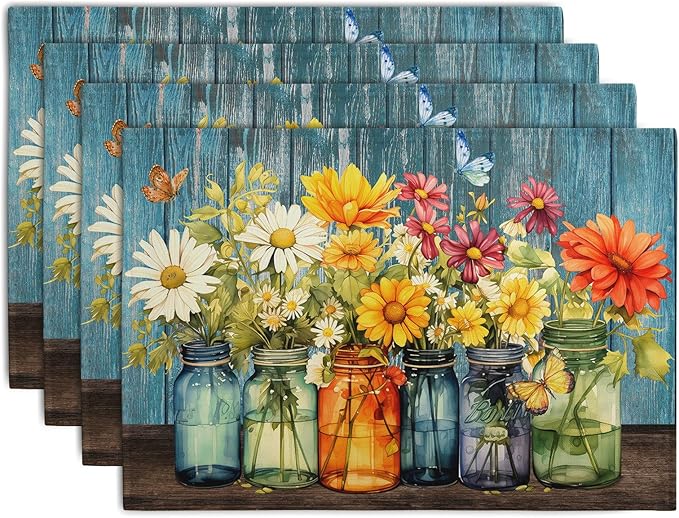 Rustic Daisy Placemats Set of 4 Vintage Flower Vases Wood Grain Linen Table Mats 12x18 Inch Summer Floral Wooden Board Farmhouse Washable Place Mat for Party Kitchen Dining Outdoor Indoor Decor-Ruum Studio Home