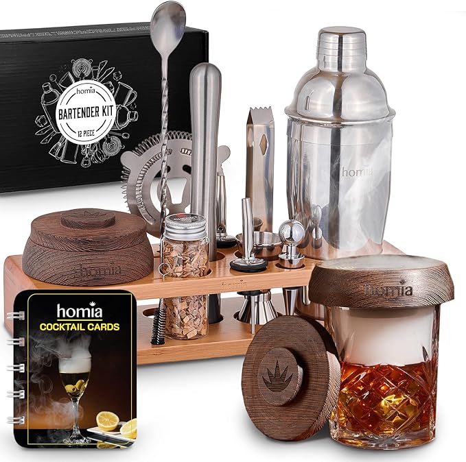 Bartender Kit with Whiskey Smoker - 13 pcs, Bamboo Stand - Bar Set with Cocktail Shaker, Bartending Kit with Essential Bar Accessory Tools, Wood Chips, Steel-Ruum Studio Home