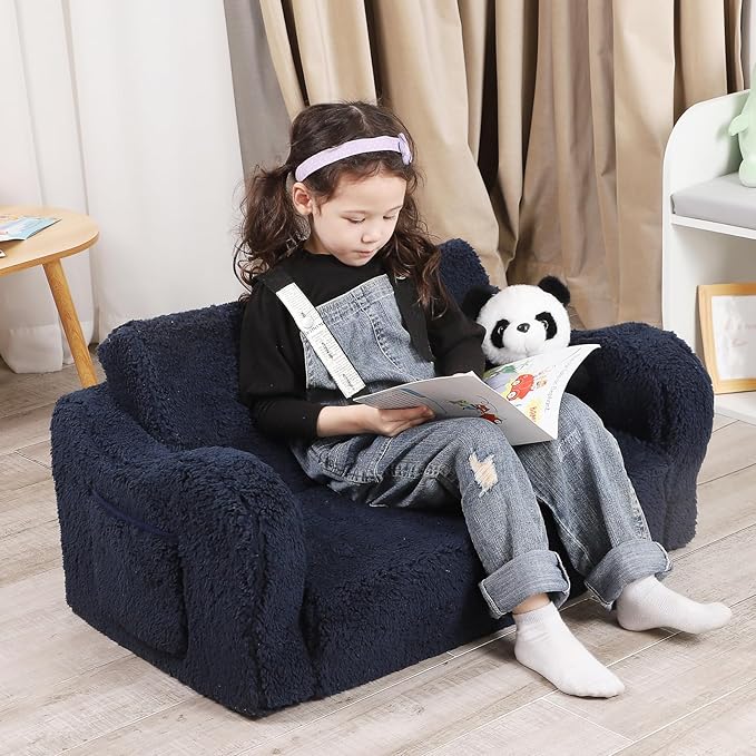 Kids Extra Wide Chairs for Toddler, 2-in-1 Toddler Soft Sherpa Couch Fold Out, Convertible Sofa to Lounger for Girls and Boys, Dark Blue-Ruum Studio Home