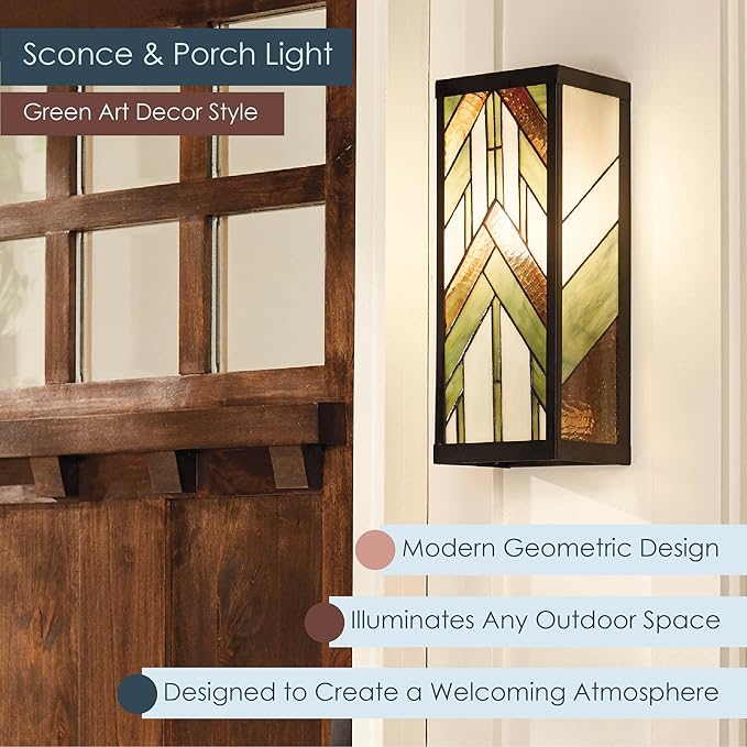 RIVER OF GOODS Art Deco Stained Glass Outdoor Light Fixture - 16.25" H - Decorative Porch Light - Green-Ruum Studio Home