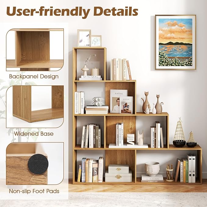 Tangkula 4-Tier Stepped Bookshelf, Freestanding 6 Cubes Ladder Bookcase with Anti-Tipping Kits, 64" Tall Modern Wooden Storage Display Rack for Home Office Living Room Study (1, Natural)-Ruum Studio Home