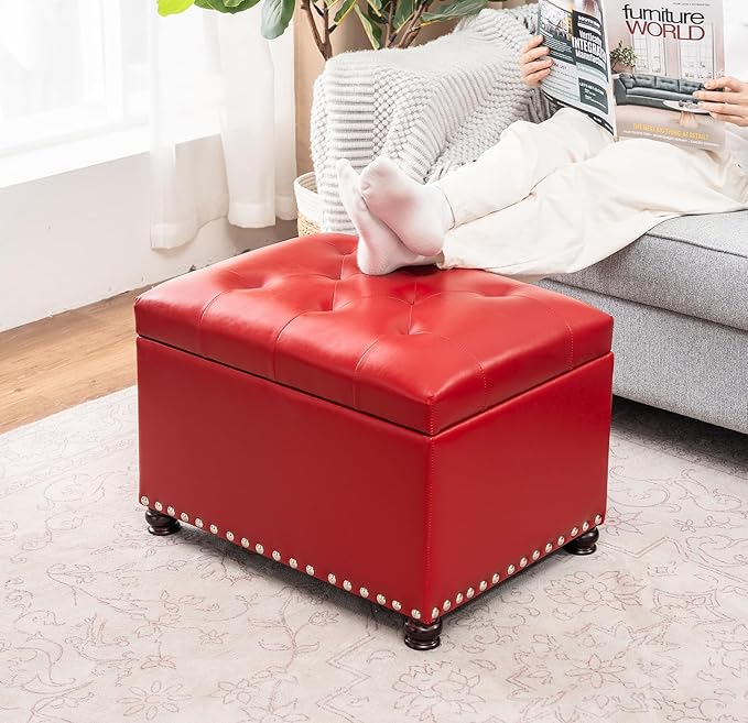 Joveco Leather Storage Ottoman, 24" Rectangle Square Bench Foot Rest Stool for Bedroom Living Room, Red-Ruum Studio Home